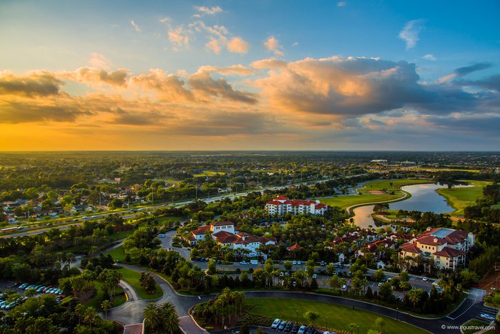 Amazing aerial sunset panorama view in Orlando, Florida state. Awesome wallpaper orange sunset. Landscape view.