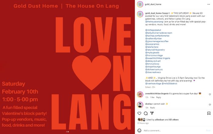 Gold Dust Home and The House on Lang present Love on Lang, the Valentine's Day Block Party.